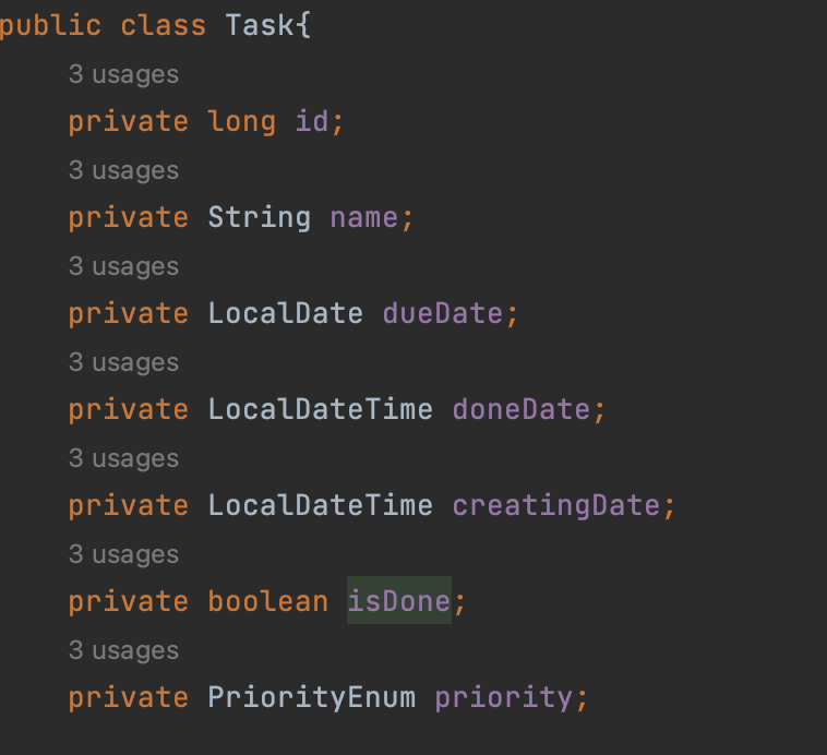 Picture of variables in Class Task
